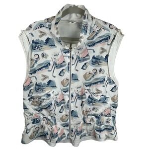 Line-Up Vintage Golf Novelty Print Full Zip Vest White Blue Pink Women Large